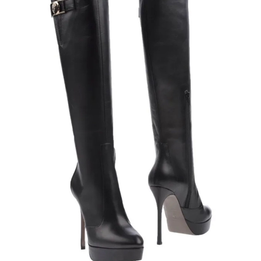 VERSACE COLLECTION Black Leather Platform Boots/Gold Medusa Logo! Size 40/10 NIB